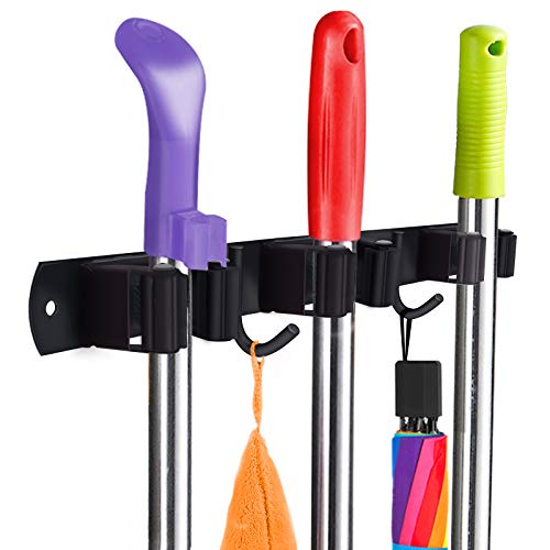 Huryfox Heavy-Duty Stainless Steel Broom Holder, Black, Wall Mount, 1-4 cm Diameter Compatible, Adjustable, 3 Racks, 2 Hooks, Space-Saving - size: 3 Racks and 2 Hooks