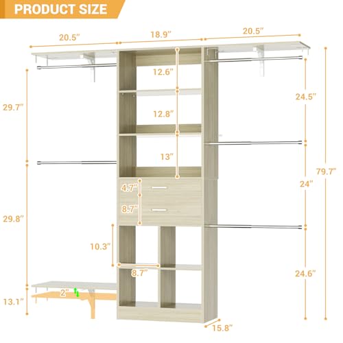 Small Closet System - 5FT Closet Organizer System with Wooden Drawers, 60 Inches Walk In Closet System With 5 Hanging Rods, Can Fit 1.58 to 6.8 FT with Reversible Hanging Shelving, Greige Oak - color: Greige Oak, size: 5FT