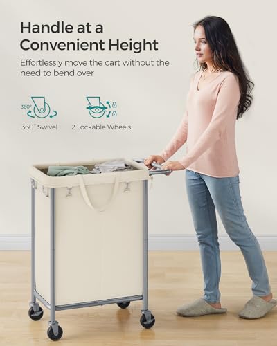 SONGMICS Laundry Basket with Wheels, 2-Section Rolling Laundry Hamper, 37 Gallons (140 L), Removable Liner, Steel Frame with Handle, 27.2 x 15.4 x 31.9 Inches, Cream White URLS004W01 - color: Cream White, size: 140 L (2-Section), style: Rectangular with h