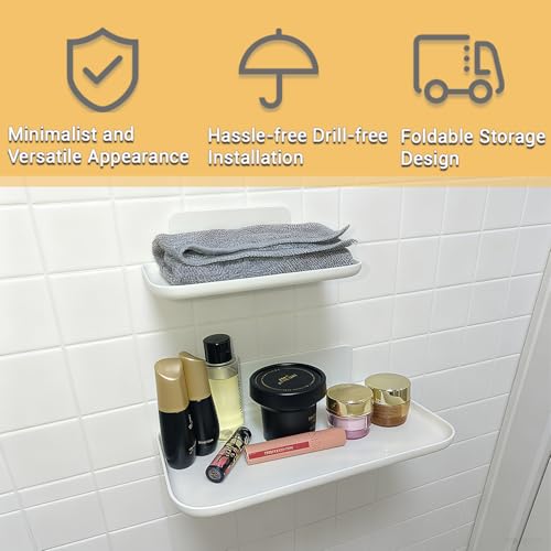 3 Pcs Small Foldable Floating Shelves for Living Room Bathroom,Bedside Shelf No Drill,Adhesive Shelves Organizer,Stick on Wall Rack Shelf Kitchen Entryway Bedroom,Bed Bedside Tray White