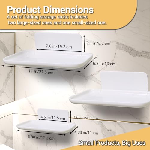 3 Pcs Small Foldable Floating Shelves for Living Room Bathroom,Bedside Shelf No Drill,Adhesive Shelves Organizer,Stick on Wall Rack Shelf Kitchen Entryway Bedroom,Bed Bedside Tray White