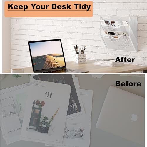 File Folder Organizer, 3-Tier Mesh Hanging Wall File Holder, Magazine Rack, Wall File Organizer With Pockets, Metal Document Organizer, Mail Organizer Wall Mounted for Office Home, White