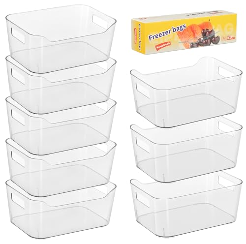 Heyuzb 8 Pack Plastic Organizer Bins and 20 Pcs Freezer Bags Multi-Use Pantry Organizers and Storage Clear Storage Bins for Organizing Kitchen, Fridge, Cabinet and Shelf - size: 8 Pack
