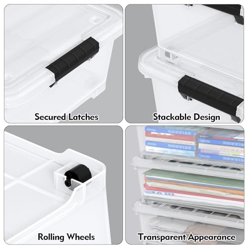 4 Packs 20 Quarts Under Bed Plastic Storage Bins with Lids, Clear Underbed Storage Containers with Wheels