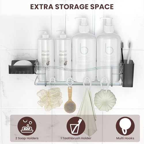 REINHARDT Shower Caddy Hanging, Rustproof Shower Caddy Anti-Swing Shower Organizer No Drilling Showers Racks with Soap Holder Multi Hooks Bathroom Storage for Shampoo Sponge, White - color: White