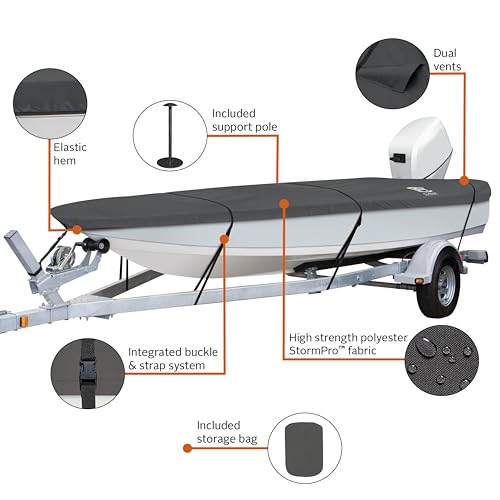 Classic Accessories StormPro Heavy-Duty Boat Cover, Fits Boats 12 ft - 14 ft Long x 68 in Wide