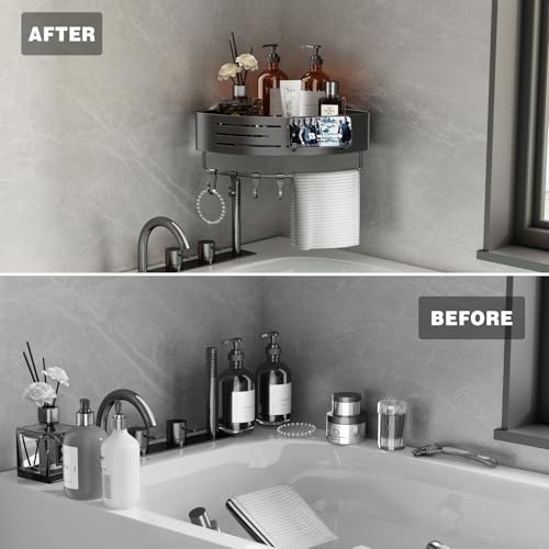 Voldra Corner Shower Caddy Suction Cup, Corner Shower Shelves No Drilling, Aluminum Upgrade Suction Cup Shower Organizer with Towel Bar & Hooks Removable Bathroom Storage Rack(2 Pack, Matte Gray) - style: Suction Cup Triangle-2 Pack-Gray