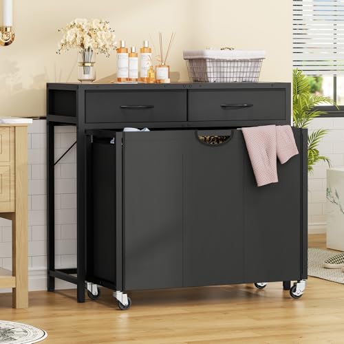 Laundry Sorter, Rolling Laundry Hamper with 3 Section Pull-Out Bags, Laundry Basket Organizer with 2 Drawers & 2-Tone Top Panel, Laundry Hamper with Wheels for Laundry Room Organization, Bathroom - size: 120 L with 3 Section
