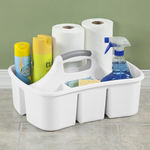 Large Plastic Utility Caddy with 4 Compartments – Heavy-Duty Storage Organizer for Cleaning Supplies, Sponges & Spray Bottles – Easy-Carry Handle (White)
