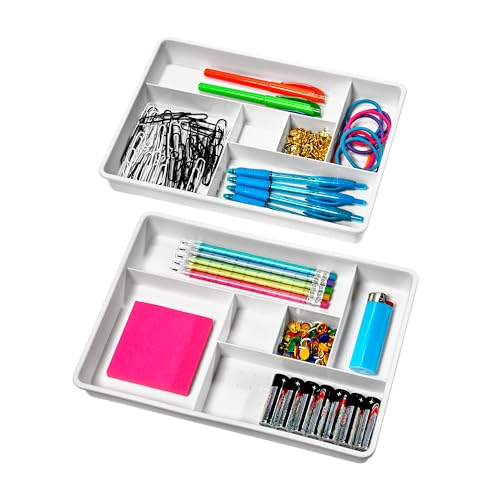 Madesmart Set of 2 Plastic 6-Compartment Drawer Organizer Gadget Trays, Multipurpose Storage Bins for Drawers, White