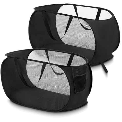 2 Pcs Mesh Popup Laundry Hampers, Opening Laundry Basket with Durable Handles, Breathable Dirty Clothes Hamper, Foldable Pop-up Mesh Hamper with a Small Side Pocket for Home, Laundring Room, Travel