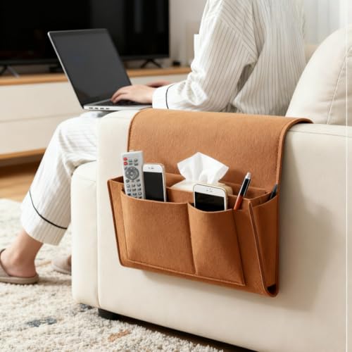 1PC Felt Hanging Storage Organizer Bag 6-Pocket Wall Mounted Holder for Remote Control Phone Tissue Bedside Sofa Caddy, Brown - color: Brown