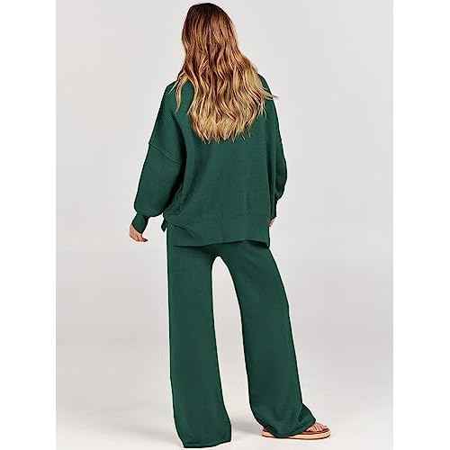 ANRABESS Womens 2 Piece Outfits Fall Lounge Set 2025 Oversized Chunky Knit Sweater Top Wide Leg Pants Loungewear Clothes