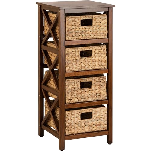 eHemco 4 Tier X-Side End Storage Cabinet with 4 Wicker Baskets, Walnut - color: Walnut, size: 14"D x 14"W x 32.1"H (4 Drawers)