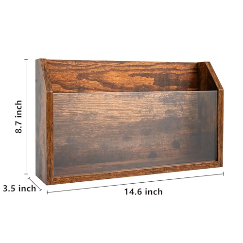 Wall Magazine Holder – Wooden Wall Mounted Magazine Rack, Clear Acrylic Panel – Magazine, Book, Home Office File Organizer – Vinyl Record Holder – Rustic Brown