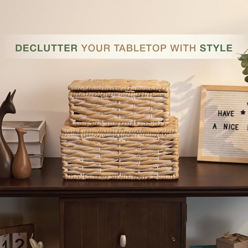 Set of 2 White Wicker Baskets with Lid - color: White