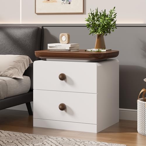 IKENO Wooden Nightstand with 2 Drawers, Large End Table with Stroage, Multifunctional Side Table for Bed Room, Living Room, Reception Room, Brown and White