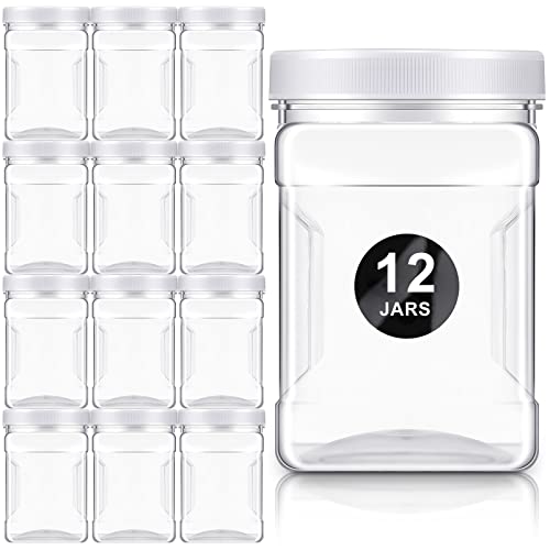 Gerrii 12 Pcs 27 Oz Plastic Storage Jars with Lids, Clear Wide Mouth Square Plastic mason Containers, Paint Storage Containers with Easy Grip Handles, Reusable Wide Mouth Canisters