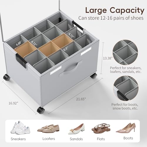 HOUSE AGAIN Shoe Organizer for Closet, Foldable Shoe Storage Organizer Box with Wheels and Adjustable Dividers, Sturdy Metal Frame Fits up to 16-32 Pairs, Large Shoes Storage with Clear Cover - size: 1 Pack