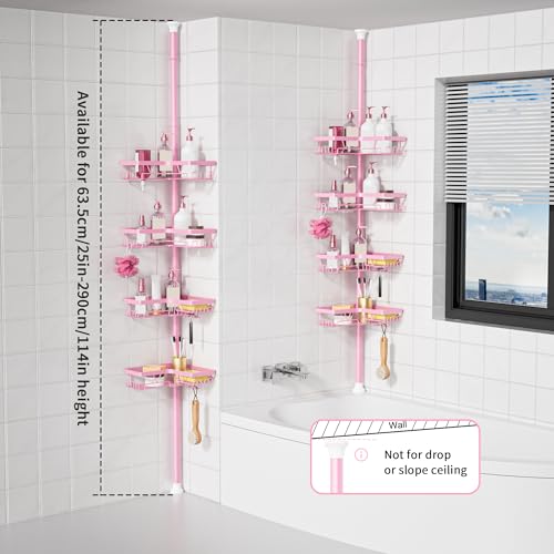 KEGII Shower Caddy Tension Pole, 4-Tier Rustproof Adjustable Corner Bathroom Organizer for Renters, 25–114.2 Inch No Drill Space-Saving Shower Storage Rack, Pink - style: Tension Caddy（Pink）