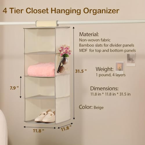 Hanging Closet Organizer 4 Tier Hanging Storage with Side Pocket, Foldable Hanging Shelves for Clothes, Laundry Room & RV Use