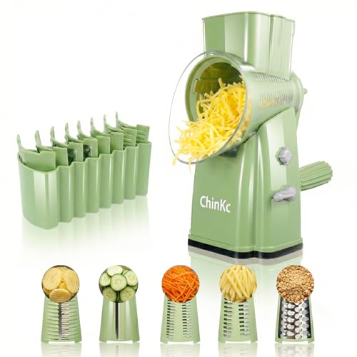 Upgrade Rotary Cheese Grater Shredder with Handle, Strong Suction Base, Multi-purpose Rotary Grater Slicer with 5 Interchangeable Blades for Ice, Vegetables, Fruit, Nuts with Blade Storage Box - color: Green
