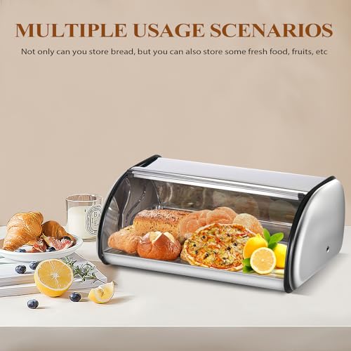 ENLOY Bread Box for Kitchen Counter, Stainless Steel Roll Top Bread Bin, Sliver Bread Storage Holder with Lid, Large Capacity Bread Keeper, 17 x 11 x 7 Inches - color: silver