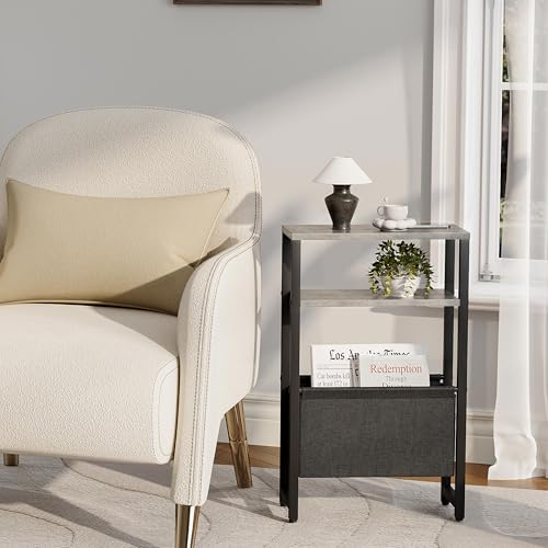 Narrow Side Table, Slim End Table with Magazine Rack, Bedside Table for Small Spaces, 3 Tier Sofa Couch Table Nightstand for Living Room, Bedroom, Oak Grey LET503Q - color: Oak Grey