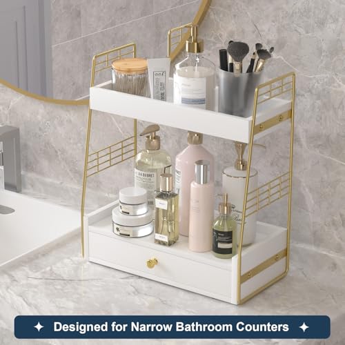 Bathroom Counter Organizer with Drawer, Slim 2-Tier Vanity Countertop Storage Shelf for Skincare, Toiletries & Small Essentials (White) - color: White