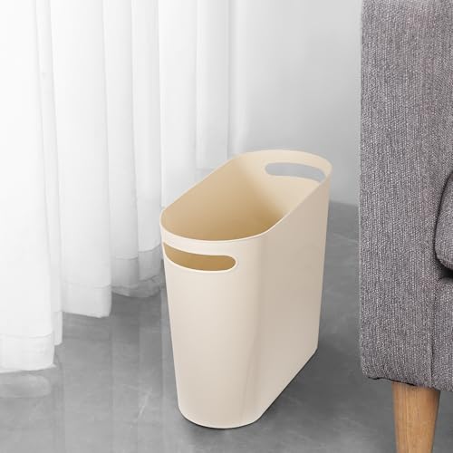 rejomiik Small Trash Can, 3.5 Gallon Slim Garbage Can Plastic Waste Basket with Handles Container Bin for Narrow Spaces Bathroom, Bedroom, Kitchen, Office at Home, 2 Pack Cream - color: Cream, size: 2 pack