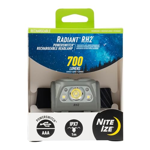 Nite Ize Radiant RH2 PowerSwitch Rechargeable Headlamp - Hands-Free Flashlight Alternative - Headlamp for Backpack Gear, Camping Equipment & More - Waterproof & Lightweight - Black/Grey