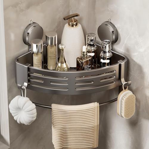 VOLPONE Shower Caddy Corner Suction Cup Shower Shelf Corner No Drilling Bathroom Shower Organizer Storage Rack Adhesive (1-Pack, gray) - style: Suction Cup Triangle with Towel bar 1 Tier Gray