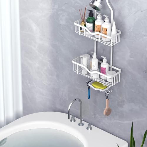 Kadolina Shower Caddy Hanging, Bathroom Shower Rack, Bathroom Organizer with Soap Dish, Over The Showerhead Caddy with Hooks for Razor/Sponge, Soft White (Assembly Required) - color: Soft White