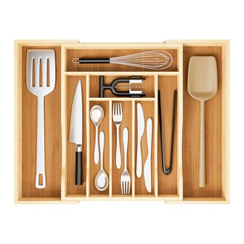 Expandable and Adjustable Bamboo Drawer Organizer Tray - Cutlery Drawer Organizer for Kitchen Utensils, Silverware Organizer with Dividers, 7-9 Slots with Curved Grooves (Natural) - size: 7-9 Slots