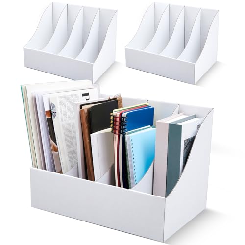 3 Pack Cardboard Magazine File Holders 12 Grids Vertical Book Bins 10.6'' x 10.2'' x 14'' Magazine Document Storage Box for Desk Shelves Home Office Classroom Library Use (White) - color: white
