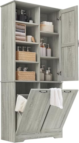 Virubi Tall Laundry Cabinet with 2 Tilt Out Hamper, Wood Bathroom Storage Cabinet with Doors and Adjustable Shelves Freestanding,Oak (Oak)
