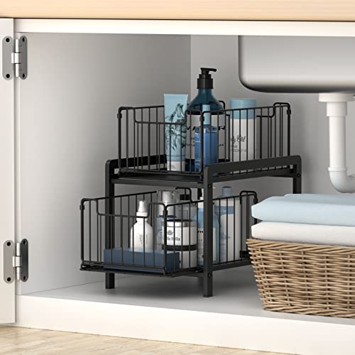 NPPLUS 2-Tier Under Sink Organzier: Iron Under Sink Cabinet Organizers With Sliding Drawer - Pull Out Home Storage For Bathroom Kitchen Desktop (Black)