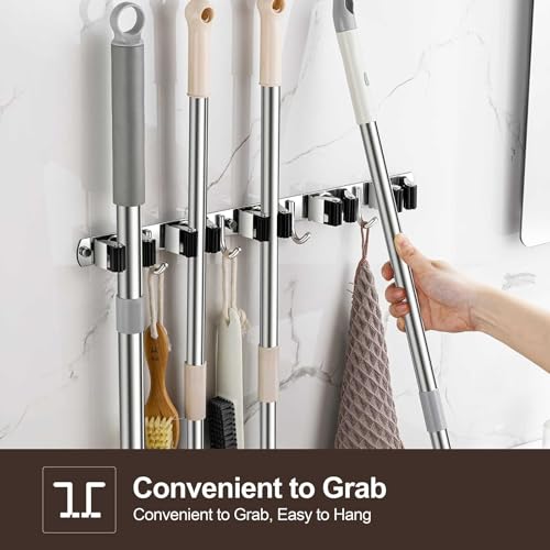 2 Pack Wall Mount, Stainless Steel Broom Hanger, Heavy Duty Mop and Broom Holder Tool Racks Utility Hooks for Laundry Room Garden Garage, Grey (4 Racks and 5 Hooks) - color: Gray, size: 2Pack 4R5H