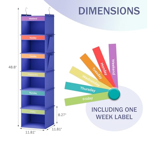 YOUDENOVA 6-Shelf Weekly Hanging Closet Organizer, Weekly Clothes Organizers for Kids with 2 Side Pockets, Blue - color: Blue