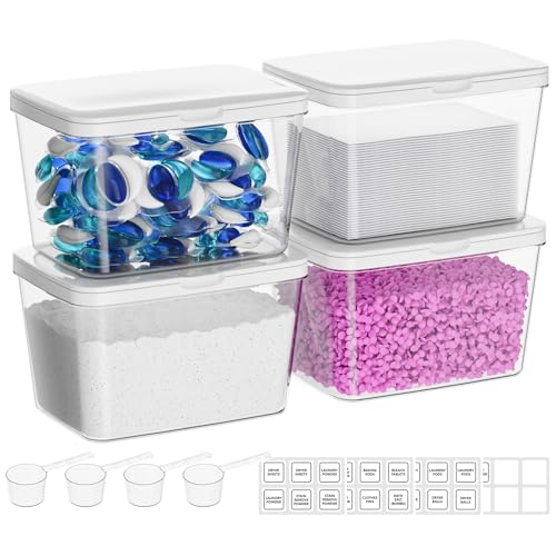 Vtopmart 4 Pack Laundry Pods Container and Dryer Sheet Holder, Detergent Powder Container with Lids &Labels & Scoop for Laundry Room Organization, Laundry Storage for Powder, Pods, Scent Booster Beads