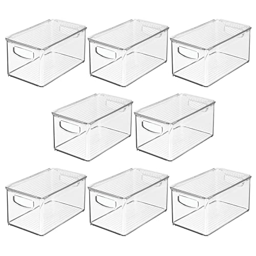 mDesign Plastic Deep Storage Bin Box Container with Lid and Built-In Handles - Organization for Fruit, Snacks, or Food in Kitchen Pantry, Cabinet, or Cupboard, Ligne Collection, 8 Pack, Clear - size: 10.6 x 6.2 x 5.2 (Pack of 8)