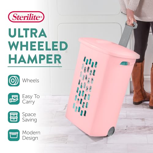 Sterilite 3 Pack Ultra Wheeled Hamper, Plastic Laundry Basket Clothes Bin with Wheels, Flip Top Lid and Retractable Handle, Pink Frost - color: Pink Frost