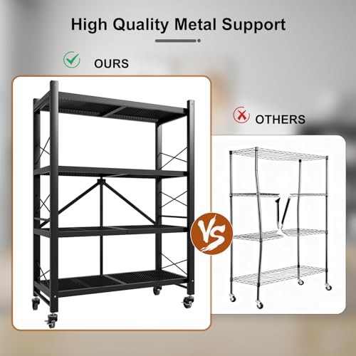 Grezone Foldable Shelves 4 Tier Heavy Duty Metal Storage Shelves with Wheels - No Assembly Collapsible Shelving Unit for Kitchen Garage Hold up to 1000 lbs - size: 39‘’W x 13.5''D x 49.8''H
