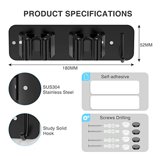 homeasy Wall Mount Mop and Broom Holder, Heavy Duty Stainless Steel Organizer Rack with Hooks | 2-Pack, 2-in-1 No Drill & Screw Installation, Black - color: Black-2