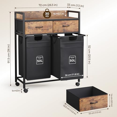 Mondeer Laundry Sorter with 2 Drawers, 100L with Pull-Out Removable Laundry Bags, Laundry Hamper Baskets with 2 Section and Wheels, Rustic Brown and Black - size: 2 Drawers