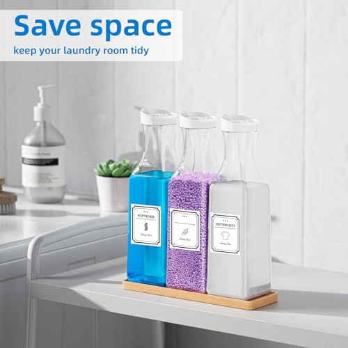 Laundry Detergent Dispenser,54OZ Laundry Soap Dispenser,Liquid Laundry Detergent Container,Fabric Softener Dispenser with Bamboo Wood Tray,Laundry Room Organizer with 4 Labels - color: White With Bamboo Tray