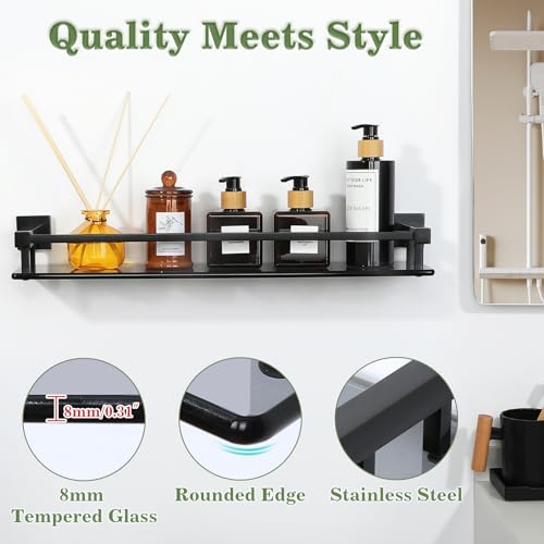 Alise Glass Shelf for Bathroom 20 inch, Matte Black Glass Floating Shelves, Stainless Steel Glass Bathroom Shelves Wall Mounted - color: Matte Black, size: 20 Inch