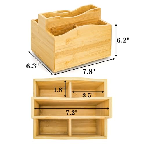DEAYOU Bamboo Rotating Remote Caddy, 360 Degree Spinning Remote Control Holder, 5 Compartment Revolving Nightstand Bedside Table Organizer for Controller, Pen, Phone, Mail, Calculator, Office