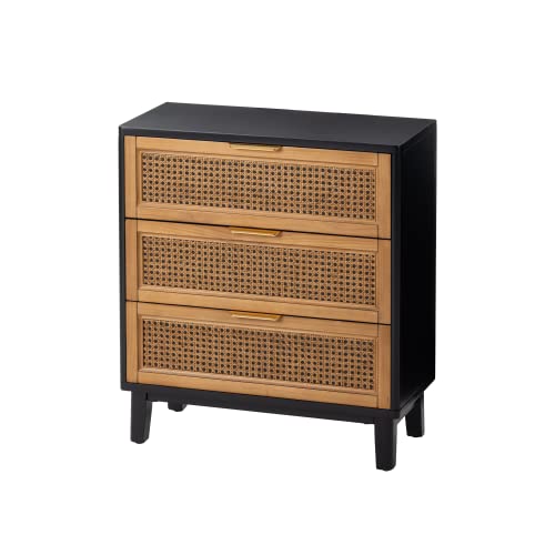 COZAYH Farmhouse 3-Drawer Nightstand, Set of 2 Woven Cane Front Accent Dresser with Brass Pull, Fully-Assembled, Black - color: Black, style: 3 Drawer/2 pack
