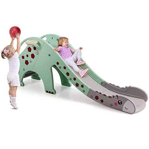 BABY JOY Toddler Slide, Kids Large Slide Play Climber Set with Long Slipping Slope, Basketball Hoop and Ball, Enclosed Steps, Easy Assemble Indoor Outdoor Backyard Freestanding Slides for Kids Age 1-8